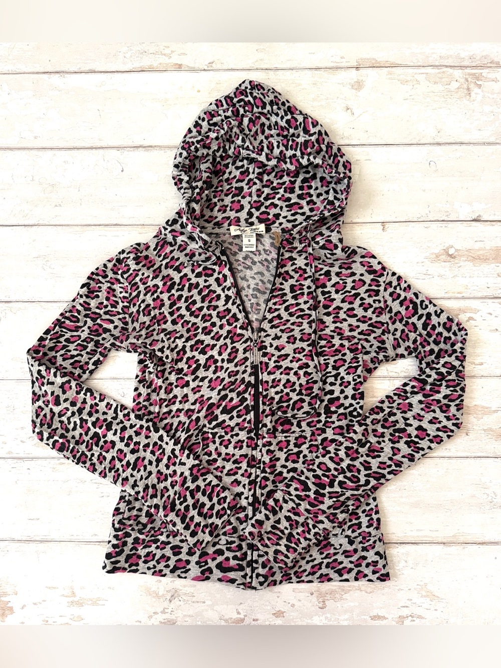 Women’s S/M Pink Cheetah Print Zip Up Hoodie Sweatshirt Jacket Active Basic